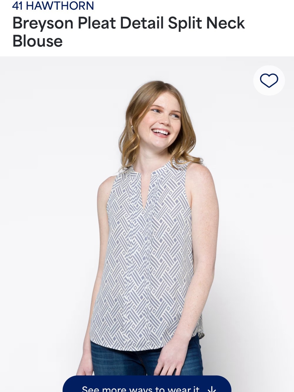 41 Hawthorn Sleeveless Split-Neck Blouse in White and Blue Geometric